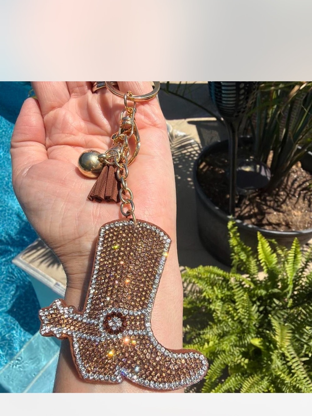 Rhinestone Cowboy Boot Keychain - Brown Crystal Accent